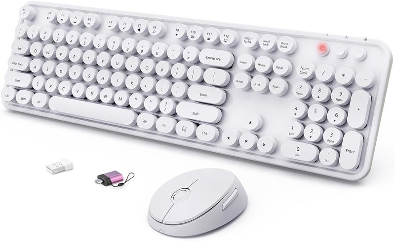 SkyGive Wireless Keyboard and Mouse Combo, Ergonomic Full Size Typewriter Retro Round Keycaps Keyboard, Compatible with Windows, PC, Perfer for Home and Office Keyboards（White） - Image 1